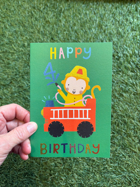 Raspberry Blossom Happy Birthday 4 Monkey Fireman Card