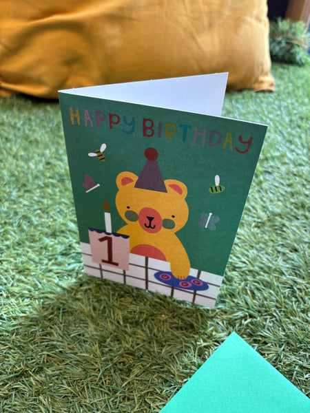 Raspberry Blossom Happy Birthday 1 Teddy Bear Picnic Card