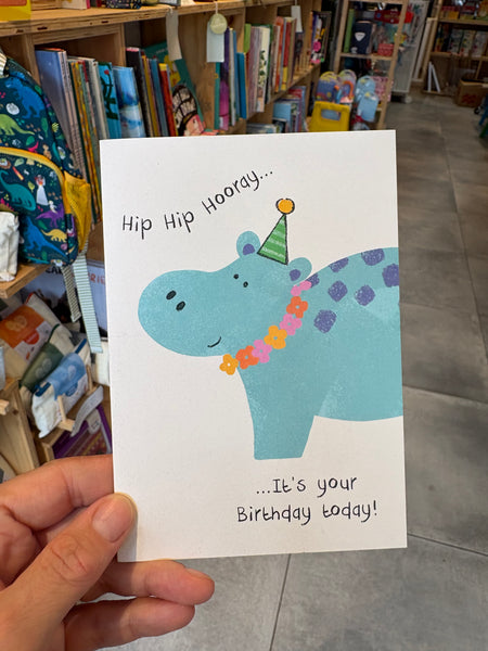 Hip Hip Hooray Blue Hippo Birthday Card