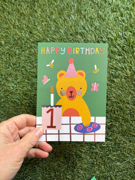 Raspberry Blossom Happy Birthday 1 Teddy Bear Picnic Card