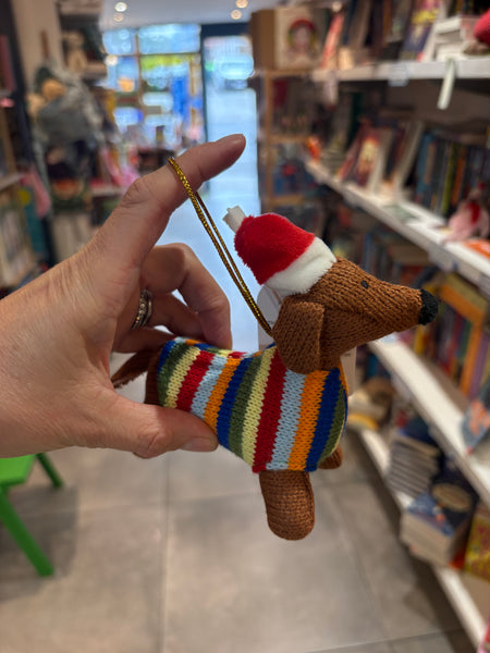 Knitted Stripy Sausage Dog Christmas Bauble