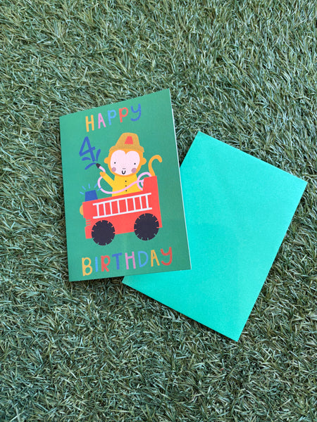 Raspberry Blossom Happy Birthday 4 Monkey Fireman Card