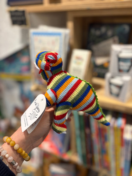 Best Years Knitted T Rex Rattle Rainbow Stripe