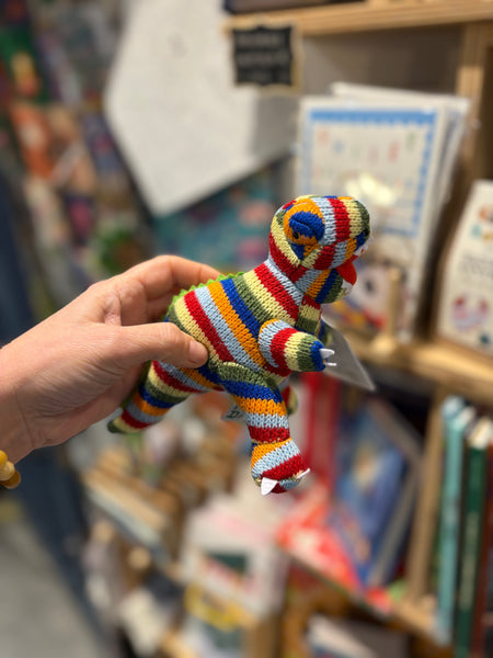 Best Years Knitted T Rex Rattle Rainbow Stripe