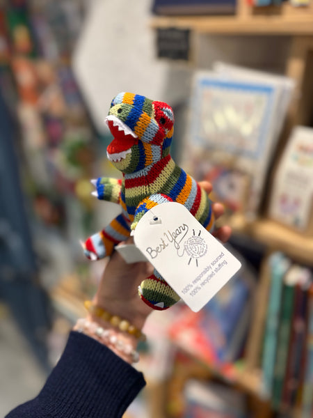 Best Years Knitted T Rex Rattle Rainbow Stripe