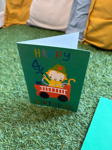 Raspberry Blossom Happy Birthday 4 Monkey Fireman Card