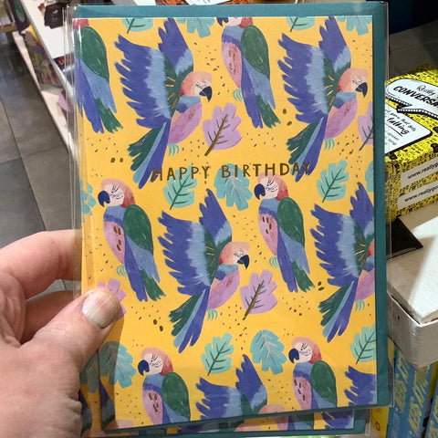 Raspberry Blossom Happy Birthday Parrot Card